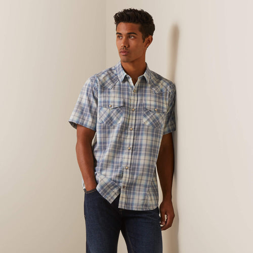 Ariat Halterman Retro Fit Short Sleeve Shirt in White Asparagus