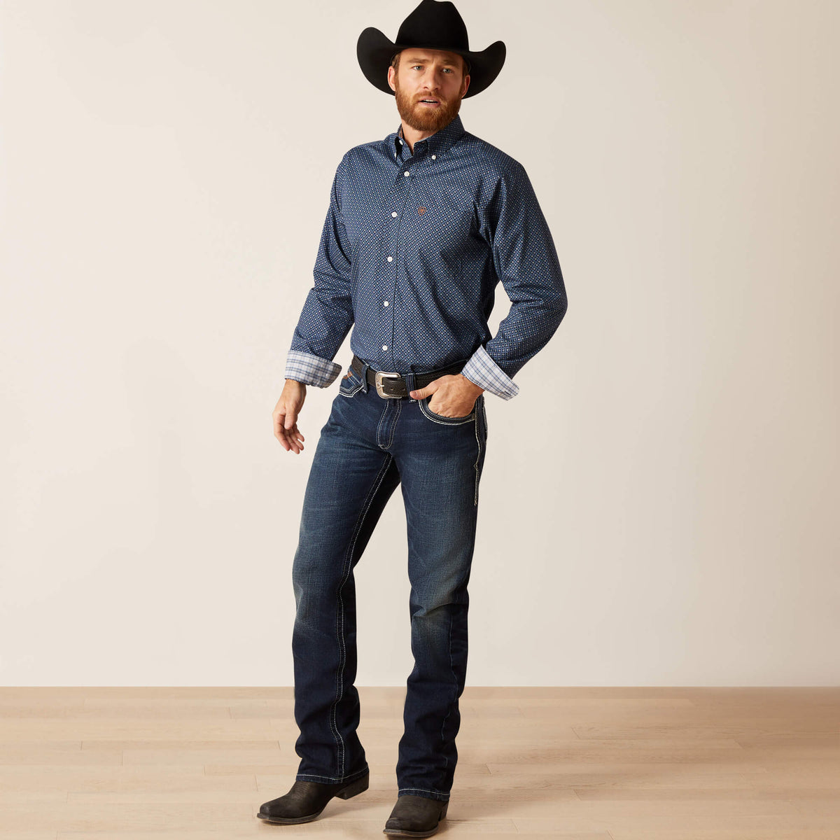 Ariat Wrinkle Free Keagan Fitted Shirt in Darkest Indigo, full