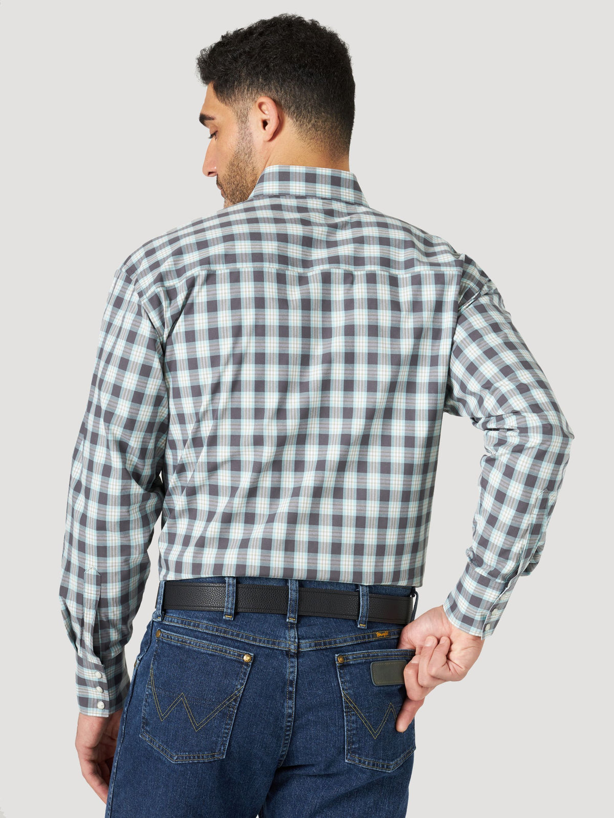 Wrangler George Strait Snap Western Shirt in Sea Blue & Brown Plaid