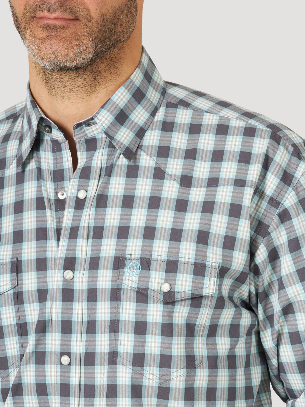 Wrangler George Strait Snap Western Shirt in Sea Blue & Brown Plaid