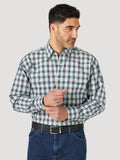 Wrangler George Strait Snap Western Shirt in Sea Blue & Brown Plaid