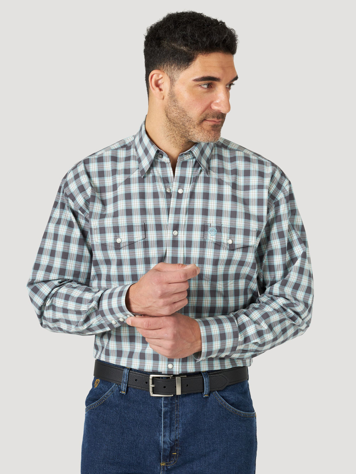 Wrangler George Strait Snap Western Shirt in Sea Blue & Brown Plaid