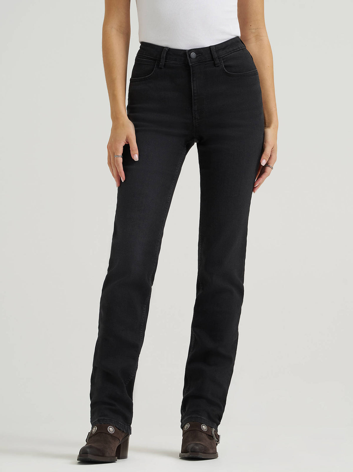 Wrangler High Rise True Straight Leg Jeans in Midnight Black