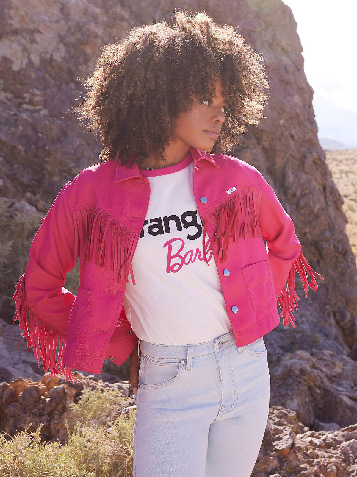 Wrangler x Barbie Logos Slim Ringer Tee in Pink/Cream
