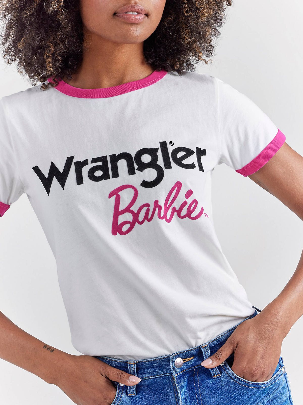 Wrangler x Barbie Logos Slim Ringer Tee in Pink/Cream
