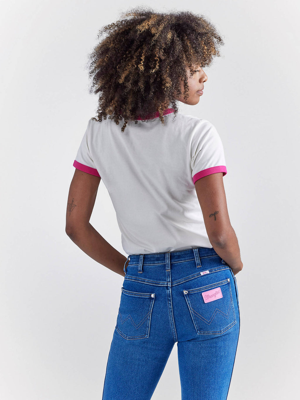 Wrangler x Barbie Logos Slim Ringer Tee in Pink/Cream