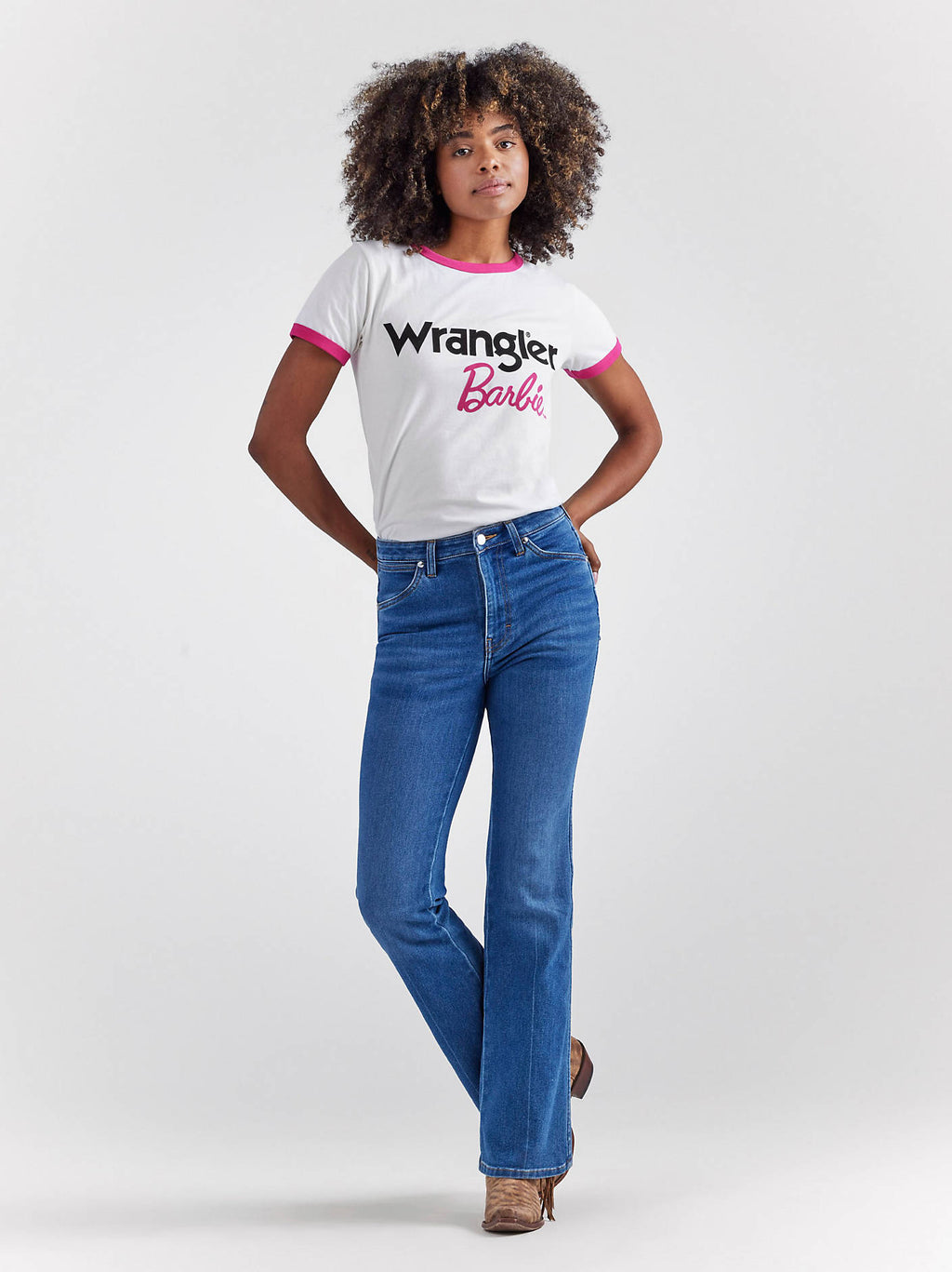 Wrangler x Barbie Logos Slim Ringer Tee in Pink/Cream