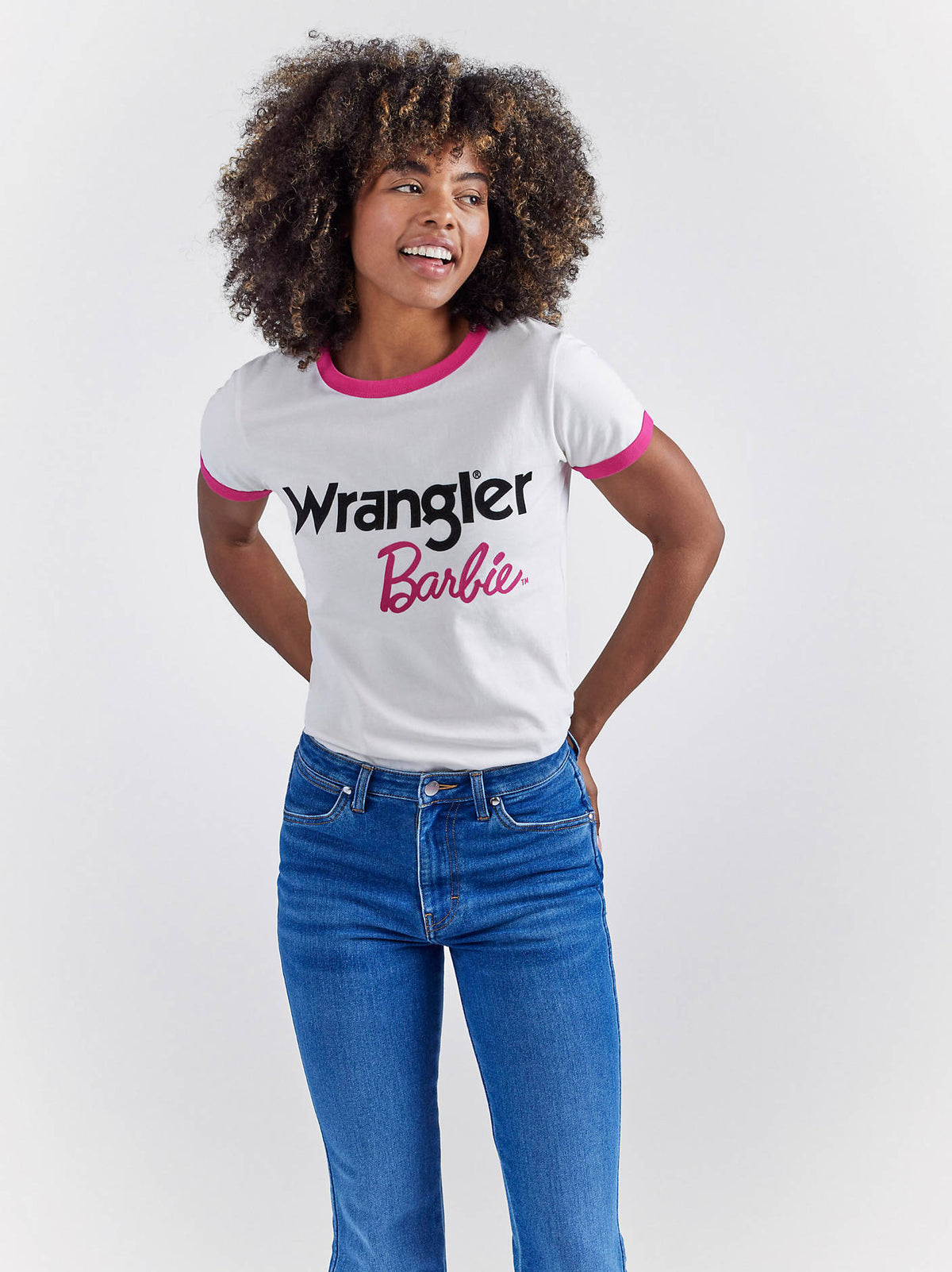 Wrangler x Barbie Logos Slim Ringer Tee in Pink/Cream