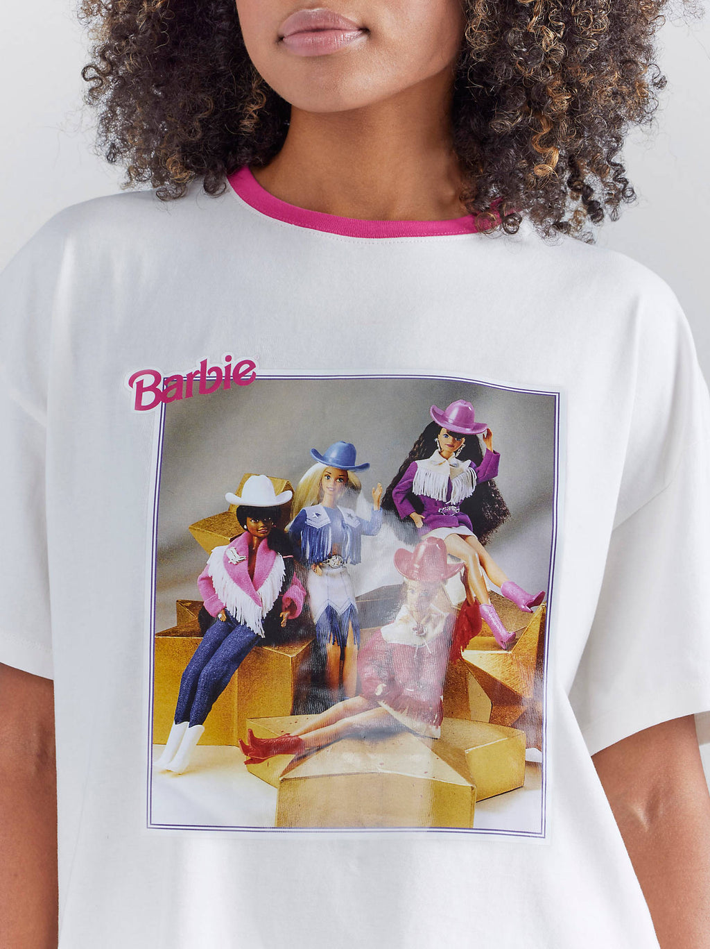 Wrangler x Barbie and Friends Girlfriend Ringer Tee in Pink/Cream