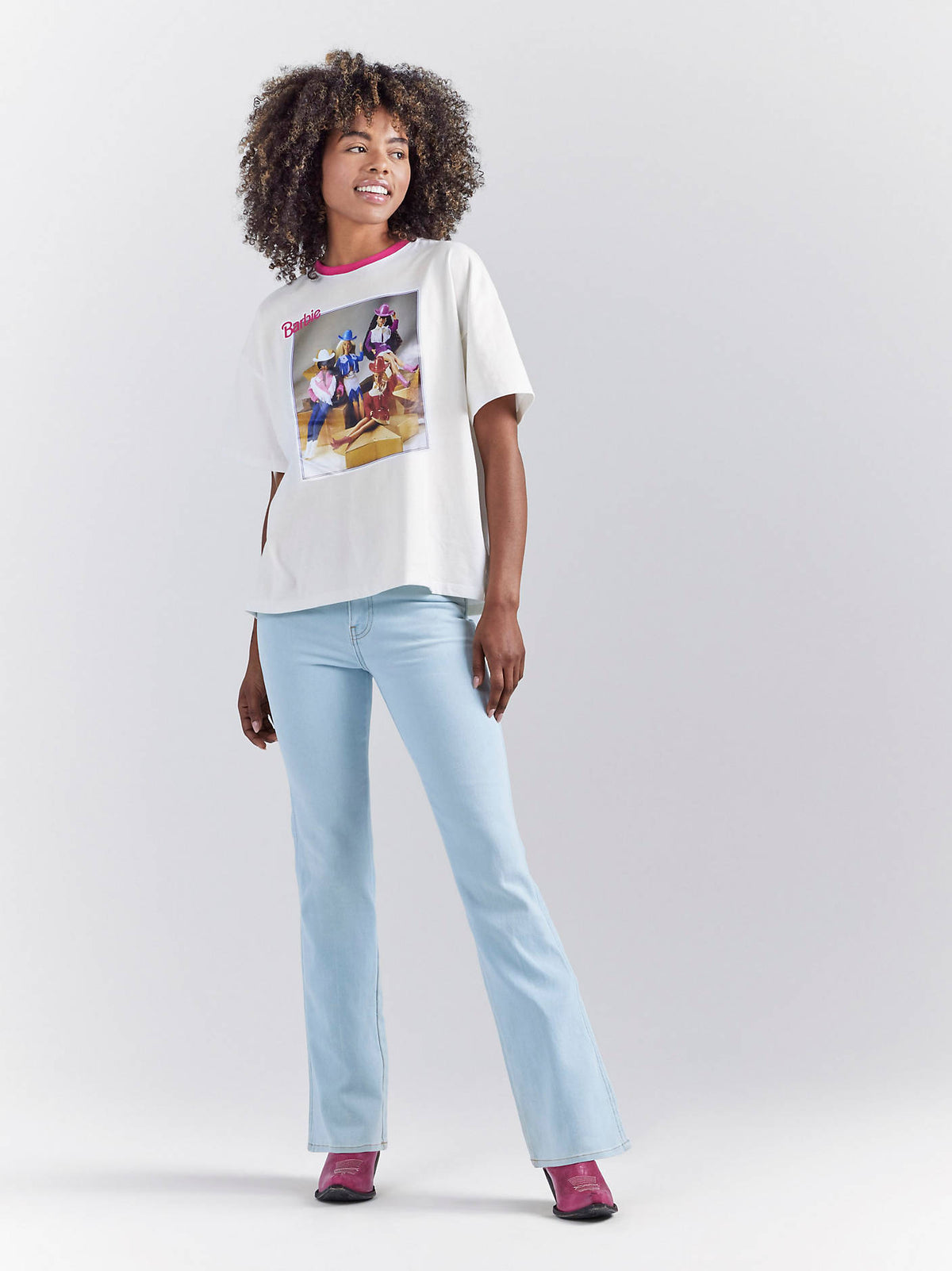 Wrangler x Barbie and Friends Girlfriend Ringer Tee in Pink/Cream