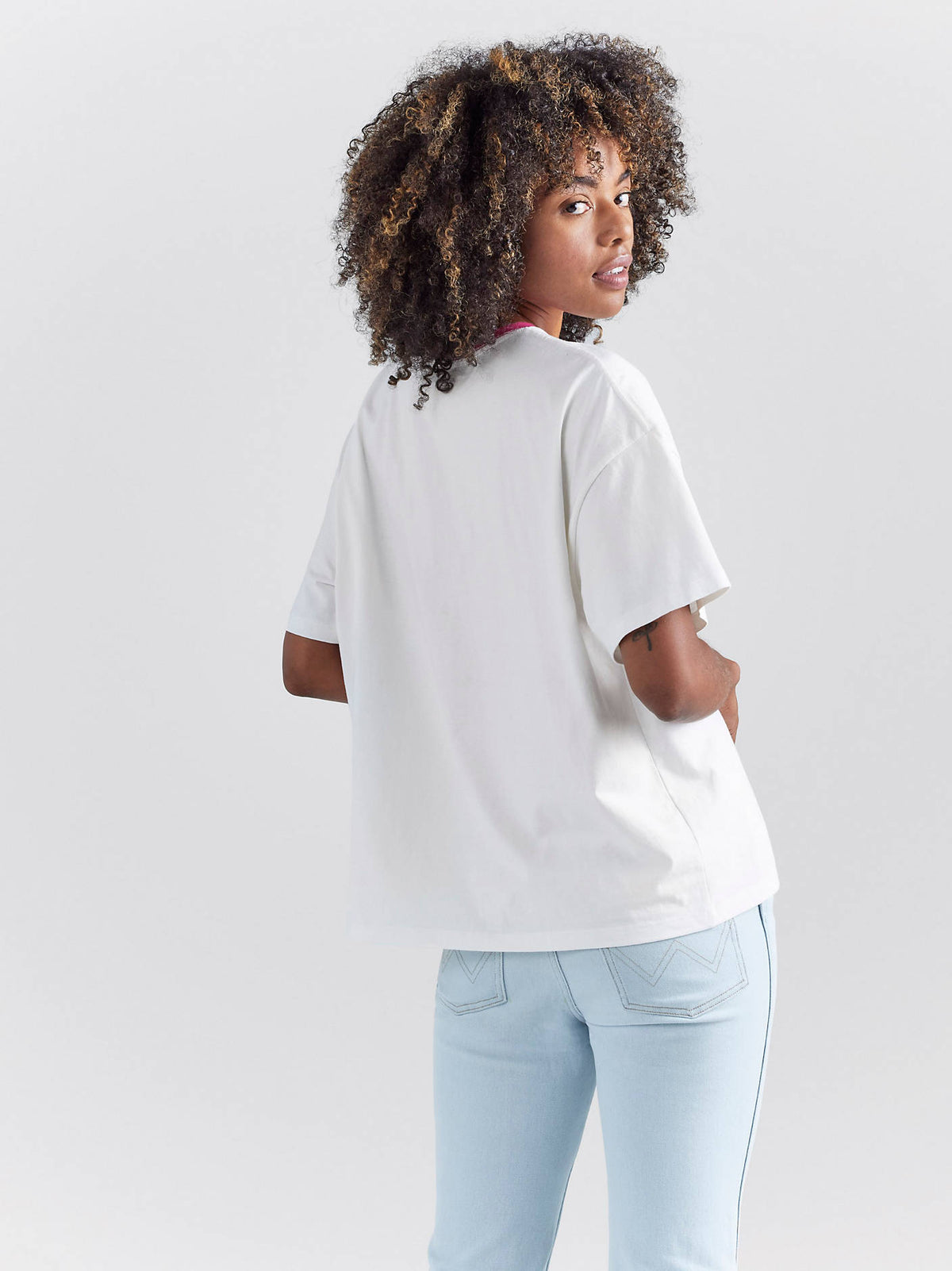 Wrangler x Barbie and Friends Girlfriend Ringer Tee in Pink/Cream