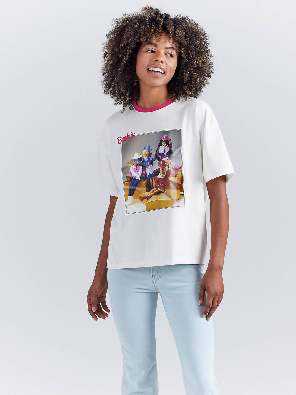 Wrangler x Barbie and Friends Girlfriend Ringer Tee in Pink/Cream