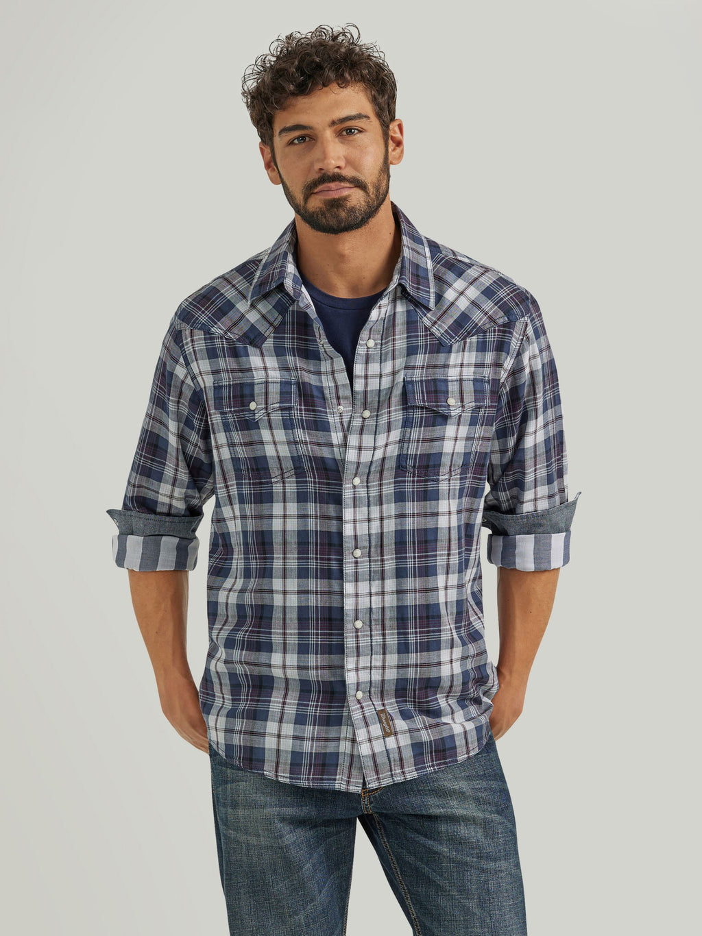 Wrangler Retro Premium Snap Western Shirt in Blue Plaid