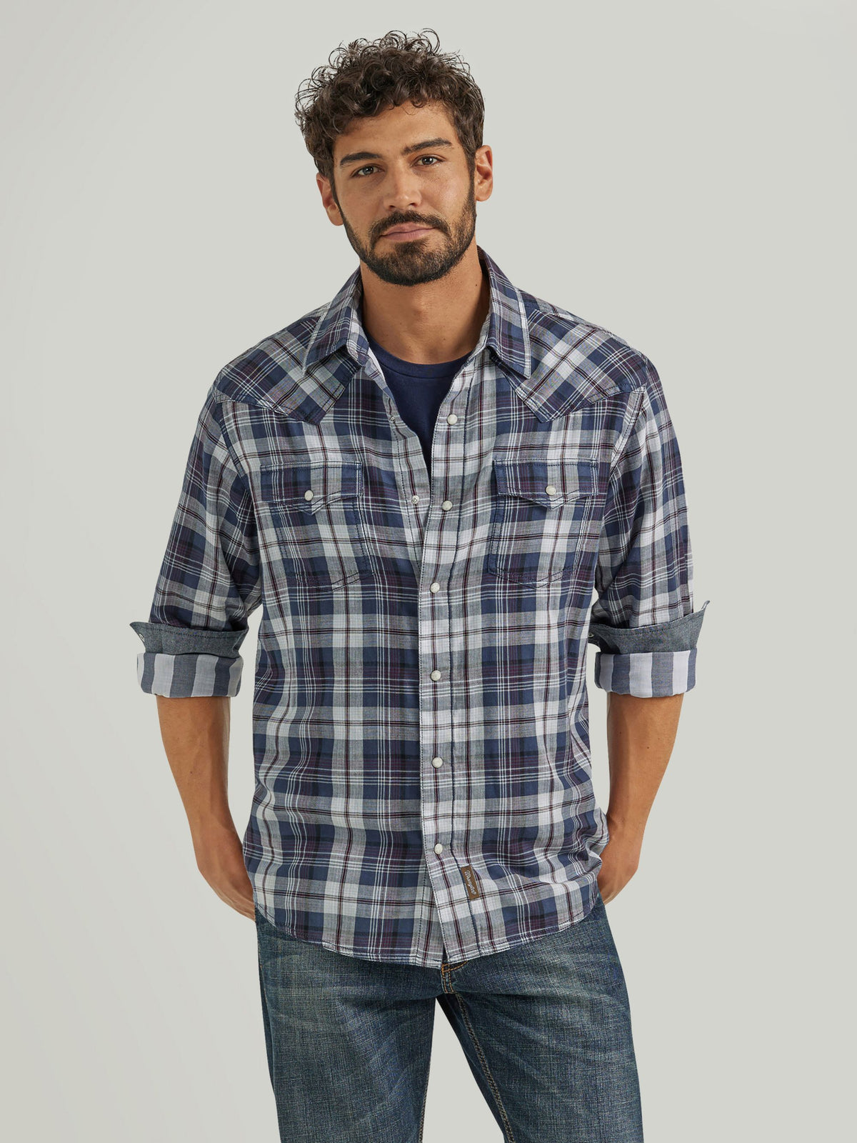 Wrangler Retro Premium Snap Western Shirt in Blue Plaid