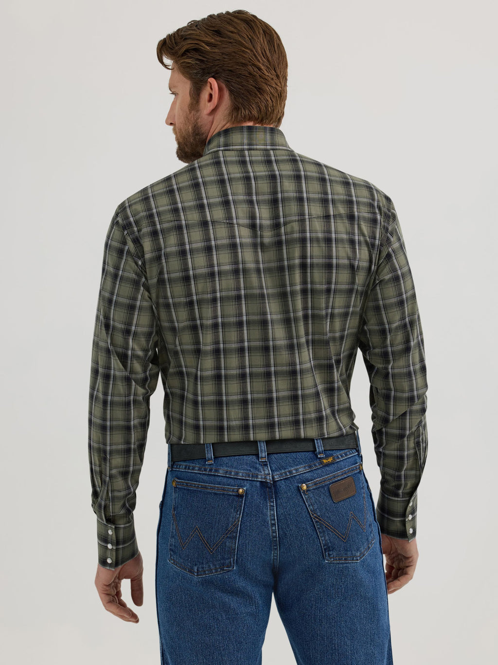 Wrangler Wrinkle Resist Plaid Snap Western Shirt in Army Green Plaid