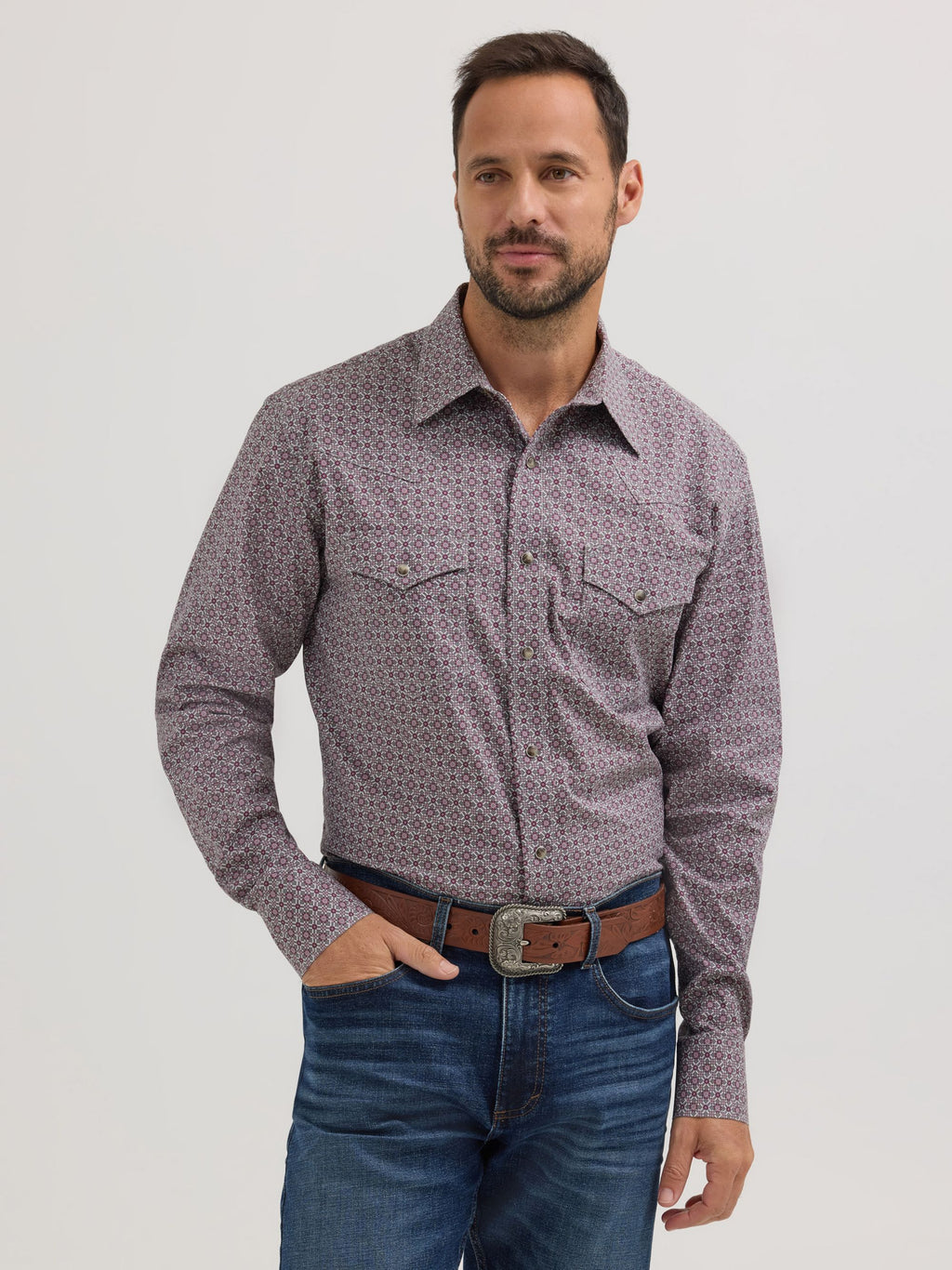 Wrangler 20X Competition Advanced Comfort Snap Western Shirt in Grey/Wine Print