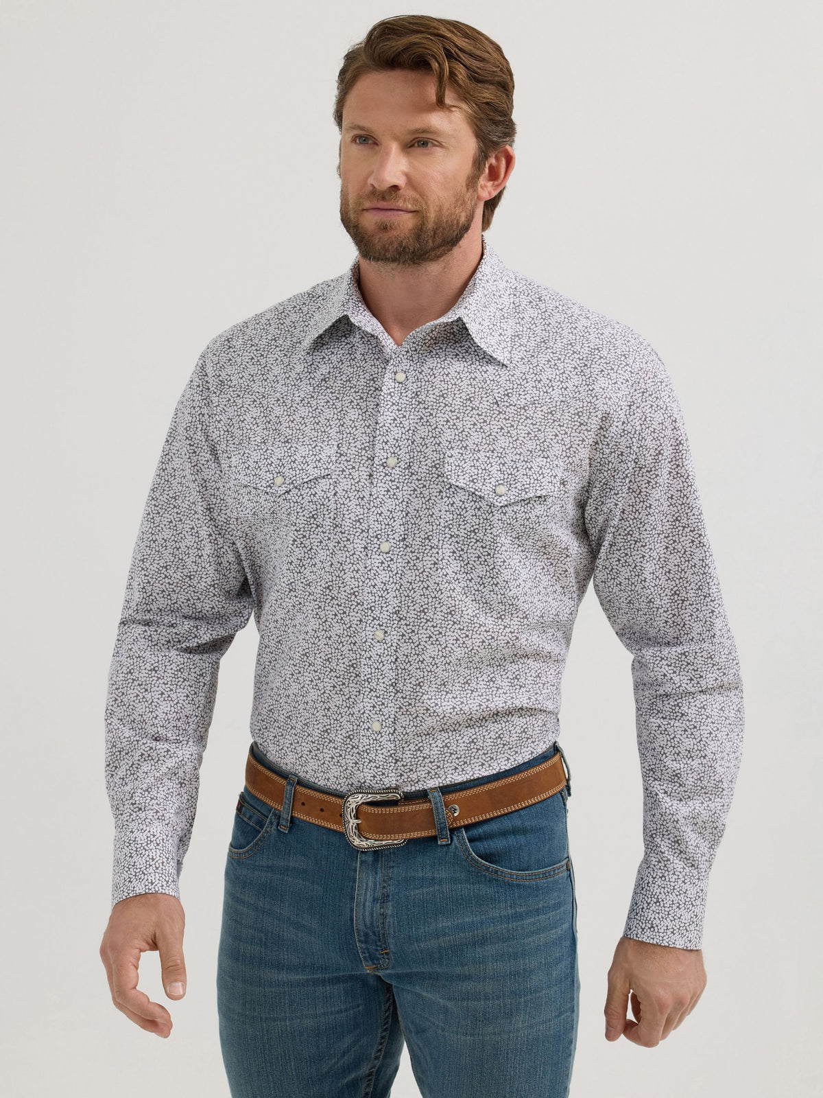 Wrangler 20X Competition Advanced Comfort Snap Western Shirt in Grey/White Print