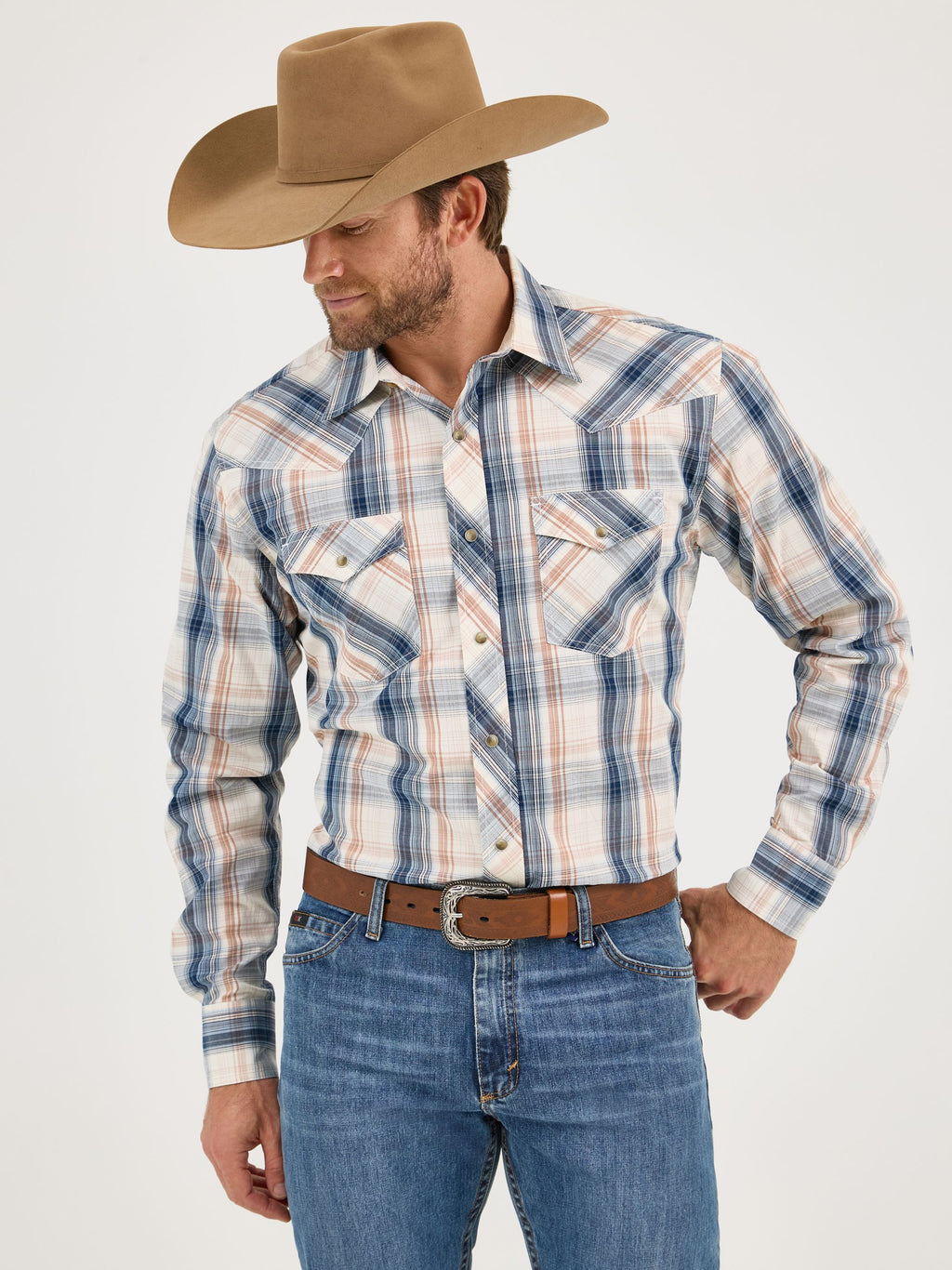 Wrangler 20X Competition Advanced Comfort Snap Western Shirt in White/Blue Plaid