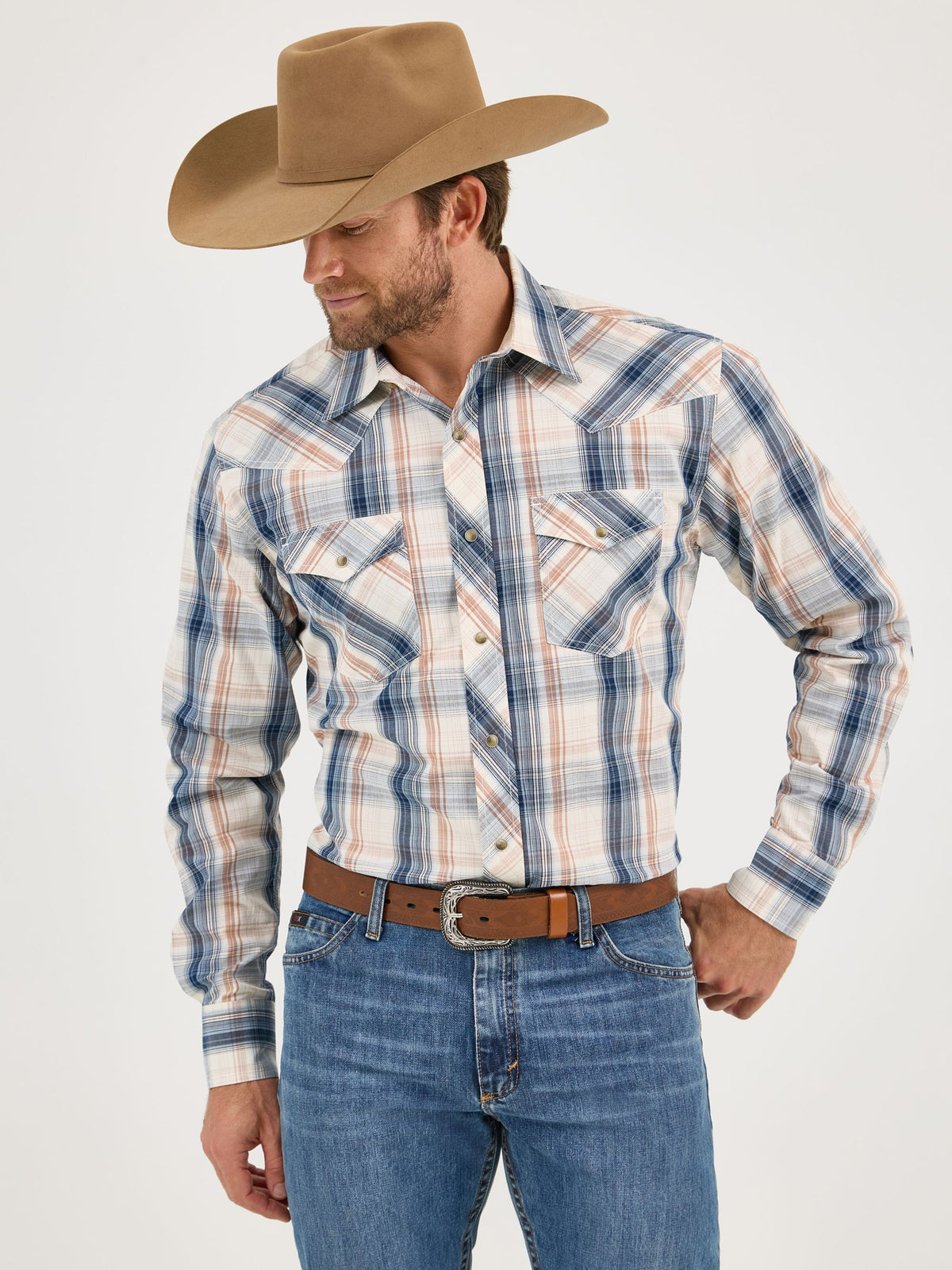 Wrangler 20X Competition Advanced Comfort Snap Western Shirt in White/Blue Plaid