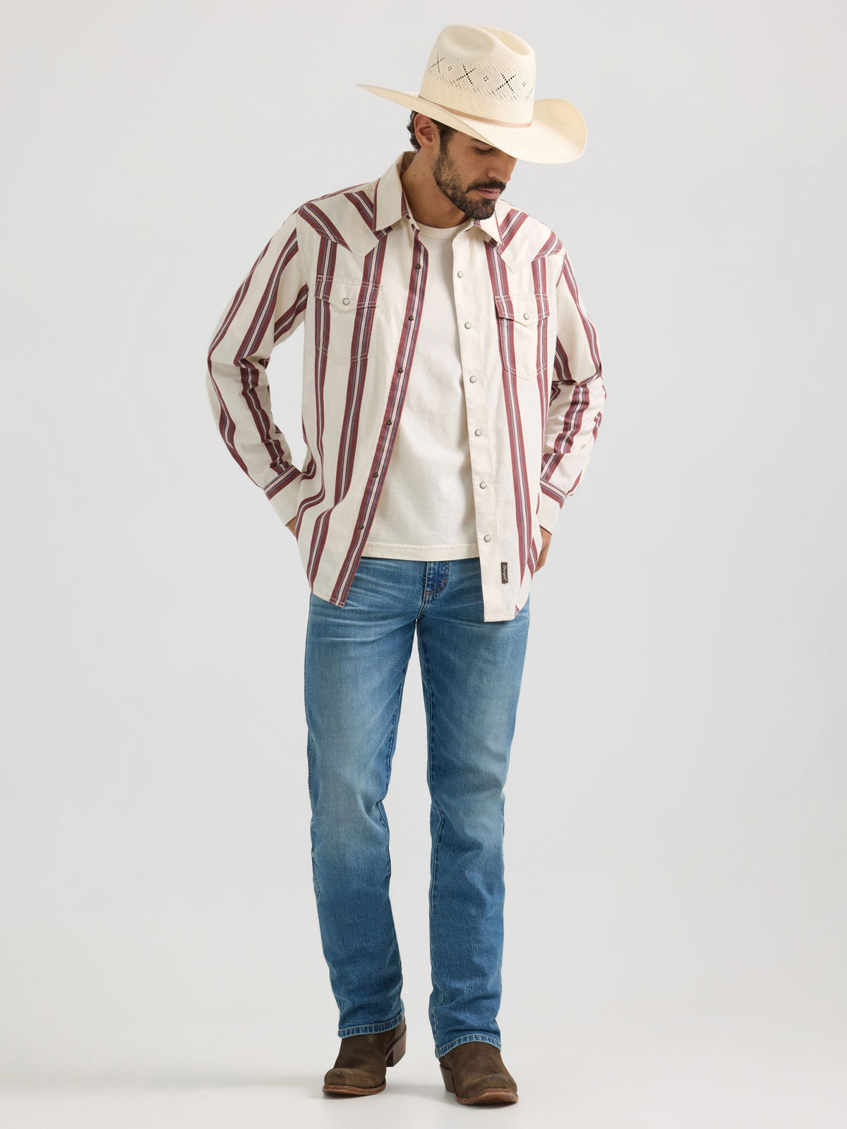 Wrangler Retro Premium Brushpopper Stripe Snap Western Shirt in Cream
