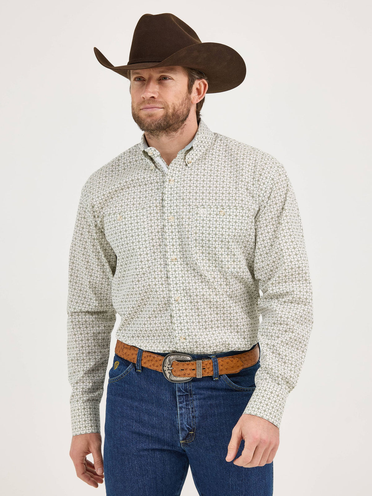 Wrangler George Strait Two Pocket Button Down Shirt in Tan Print
