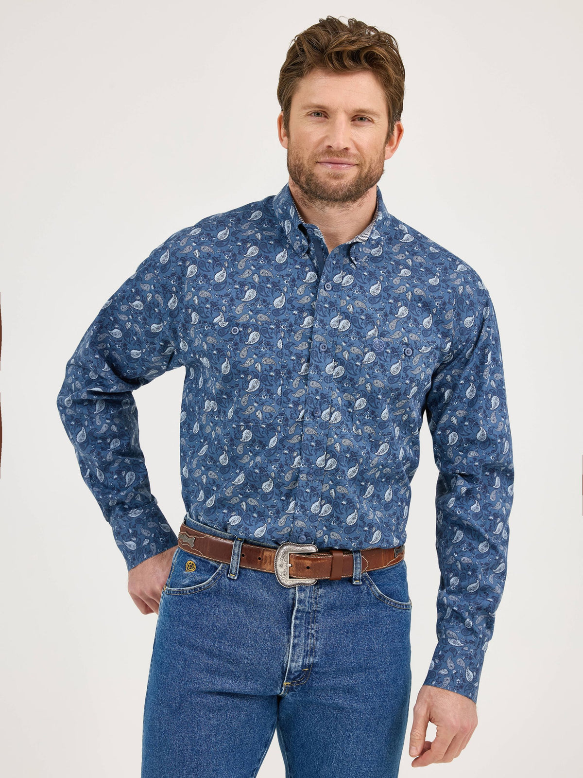 Wrangler George Strait Two Pocket Button Down Shirt in Navy