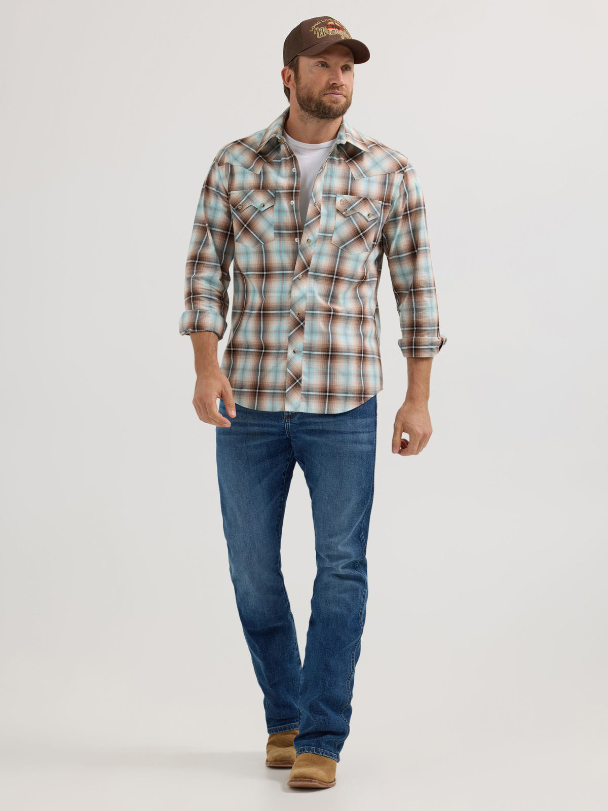Wrangler Retro Sawtooth Snap Western Shirt in Tannin Plaid
