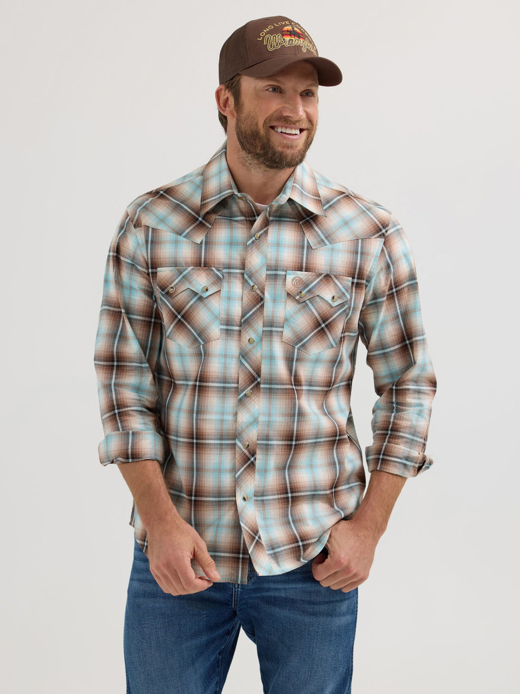 Wrangler Retro Sawtooth Snap Western Shirt in Tannin Plaid