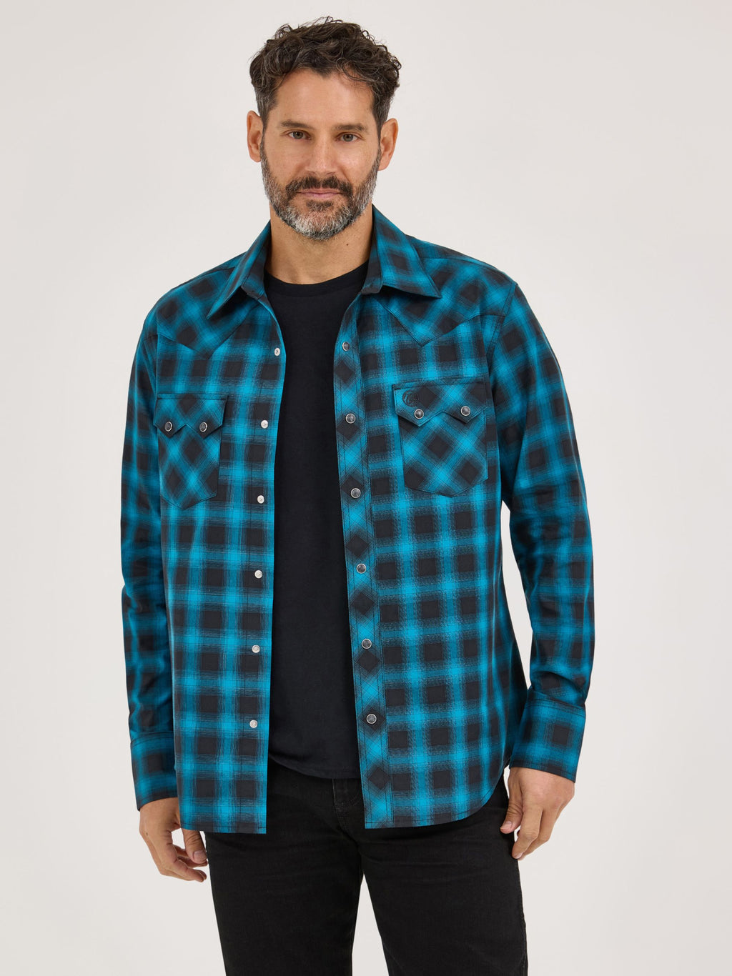 Wrangler Retro Sawtooth Snap Western Shirt in Black/Caribbean Blue