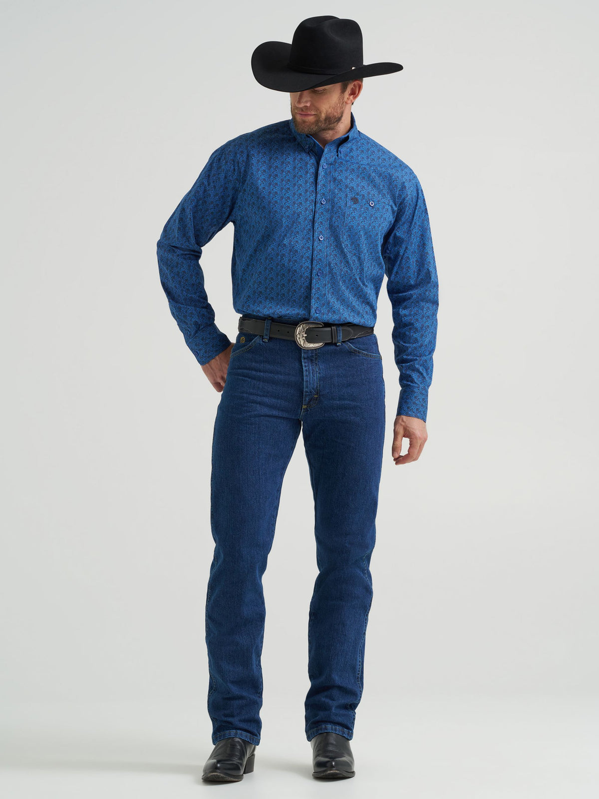 Wrangler George Strait One Pocket Button Down Shirt in Blue Peacock