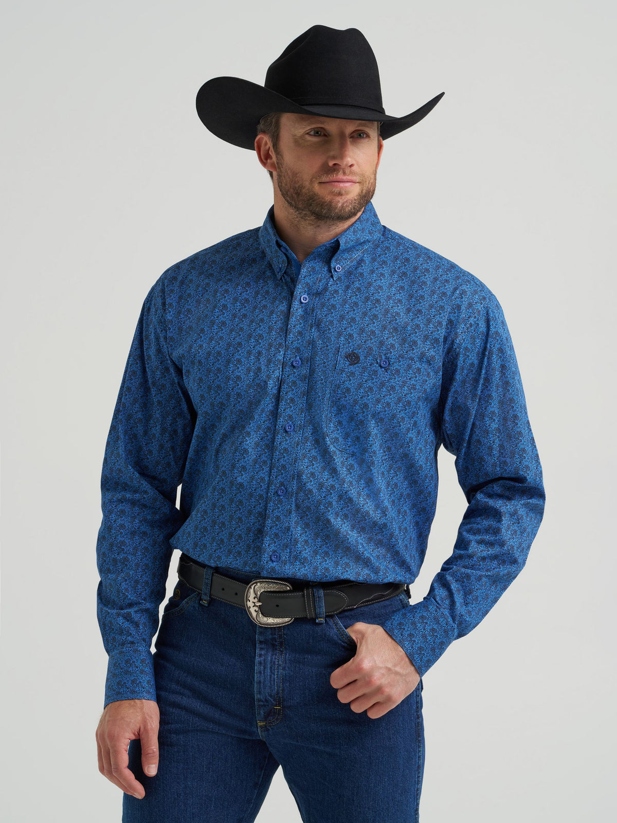 Wrangler George Strait One Pocket Button Down Shirt in Blue Peacock