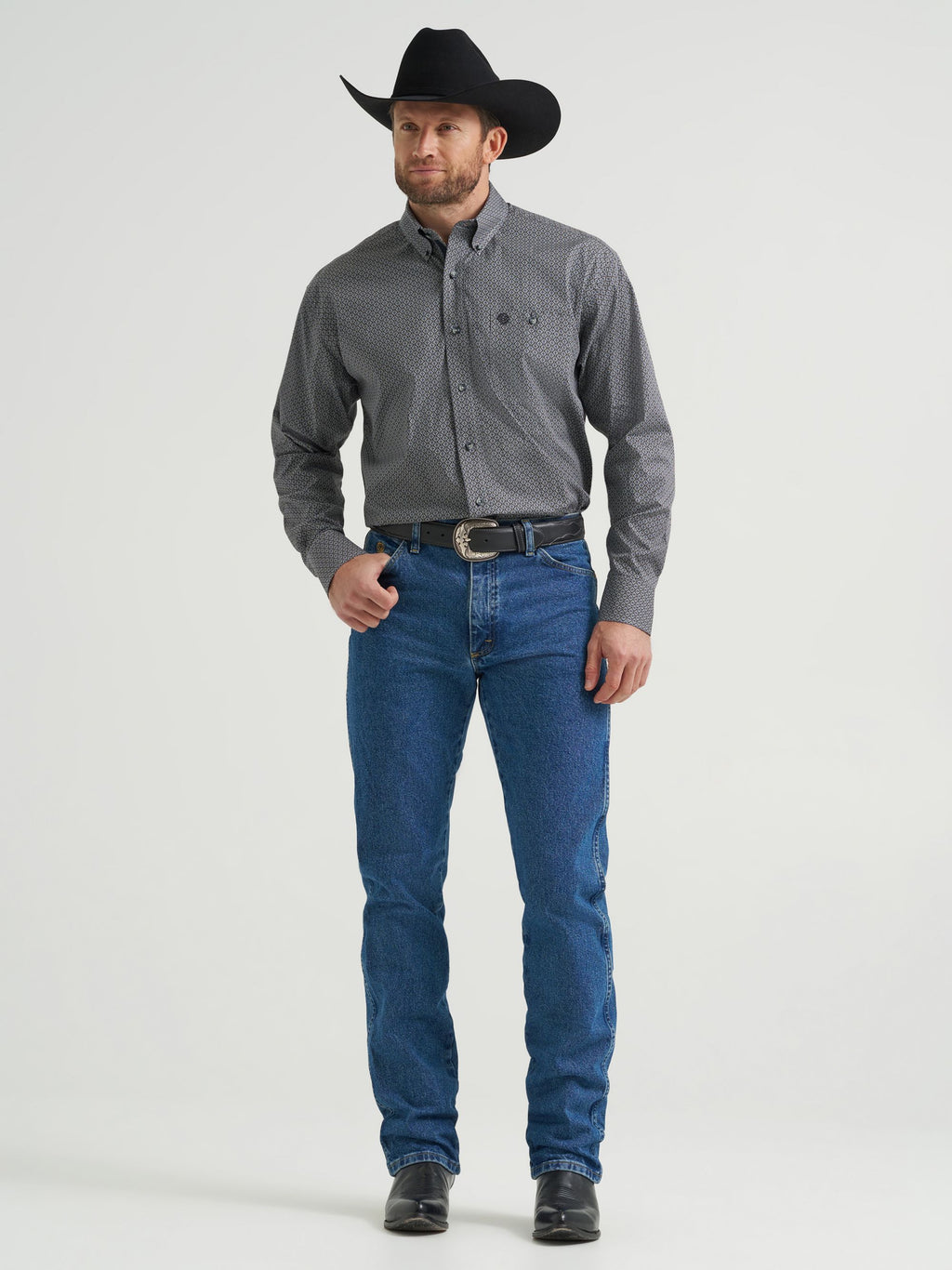 Wrangler George Strait One Pocket Button Down Shirt in Black Navy Hourglass