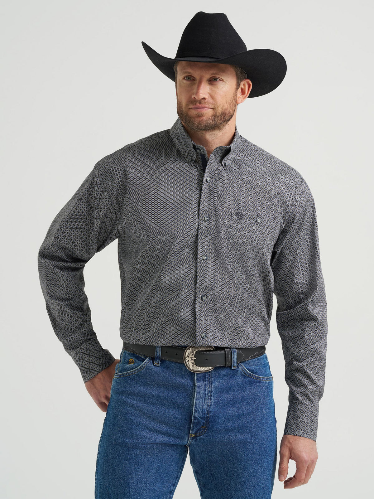 Wrangler George Strait One Pocket Button Down Shirt in Black Navy Hourglass