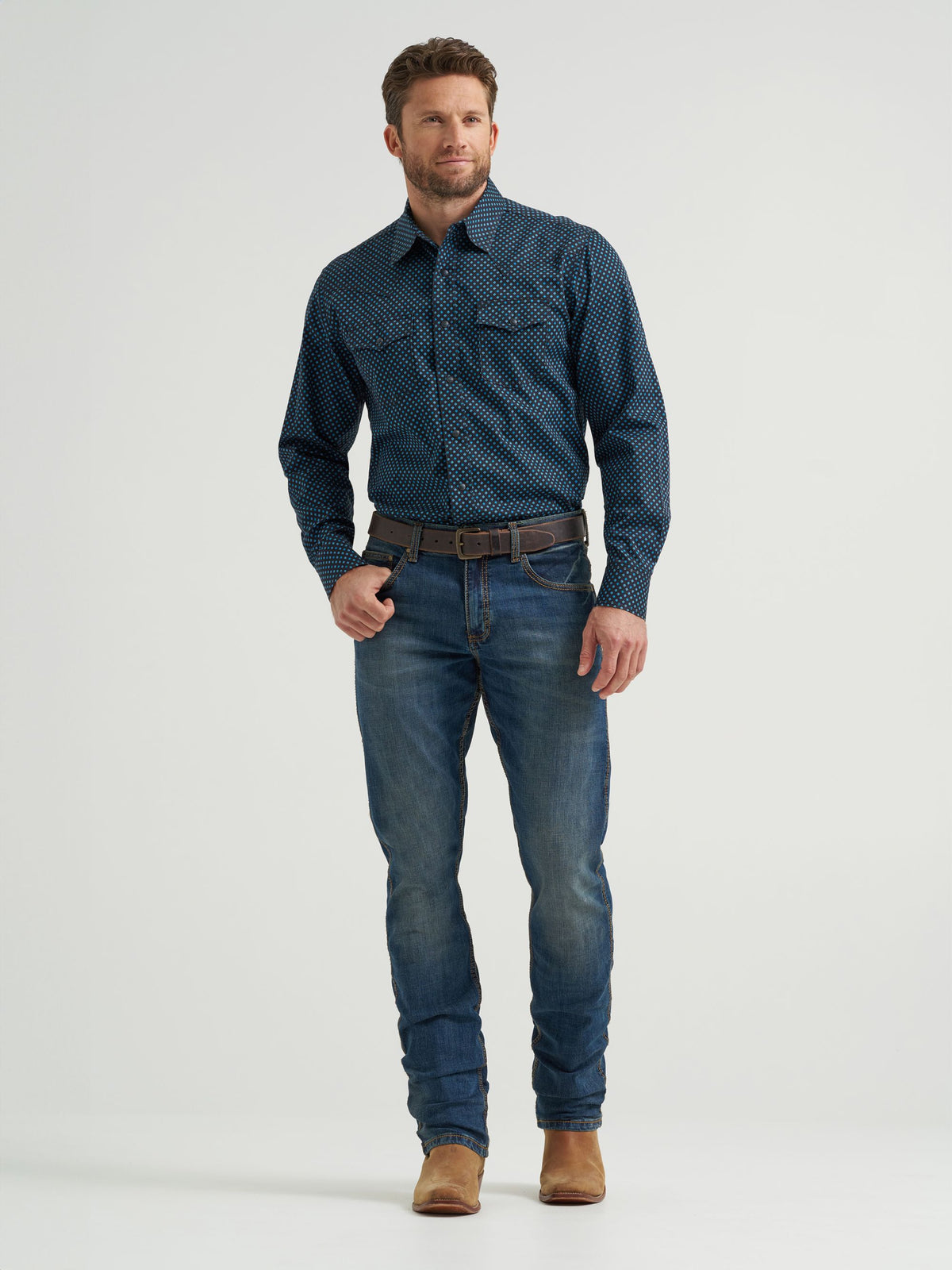 Wrangler Retro Premium Printed Snap Western Shirt in Midnight Navy