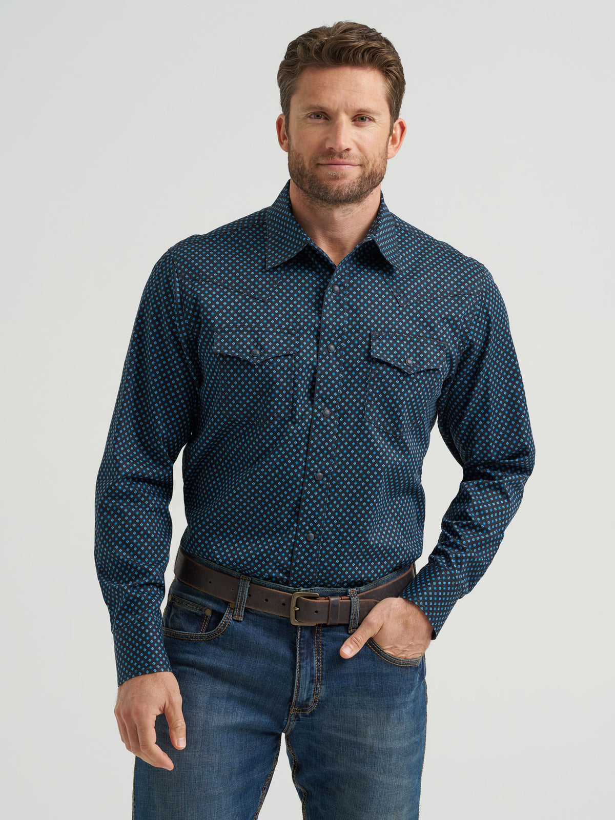 Wrangler Retro Premium Printed Snap Western Shirt in Midnight Navy