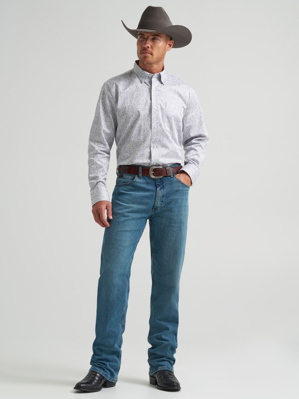 Wrangler Cody Johnson One Pocket Button Down Shirt in Charcoal Paisley