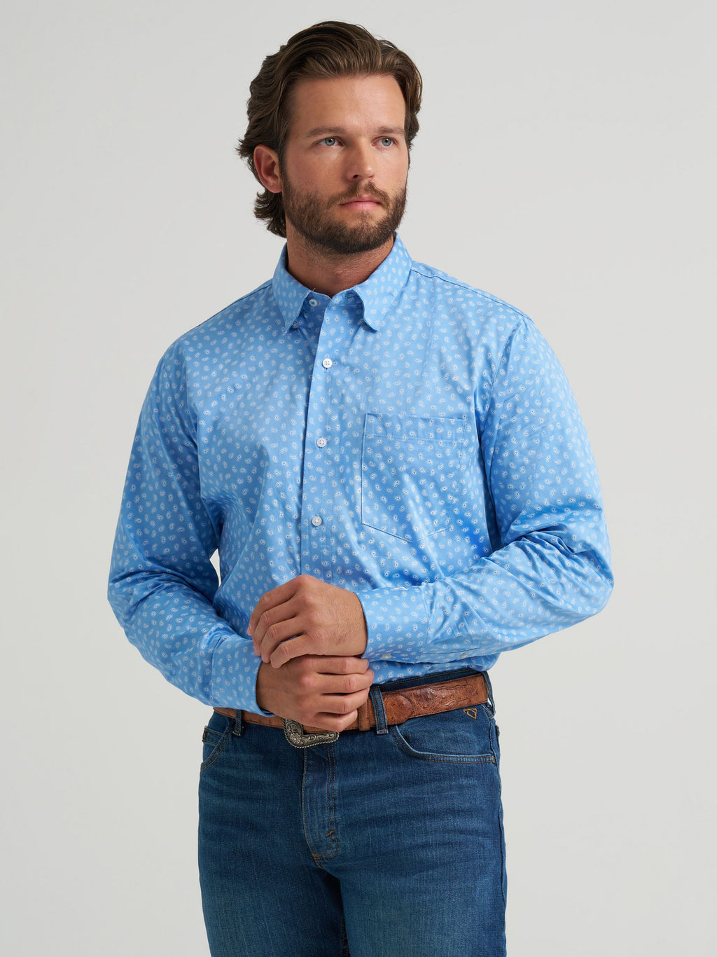 Wrangler Cody Johnson One Pocket Button Down Shirt in Blue Paisley