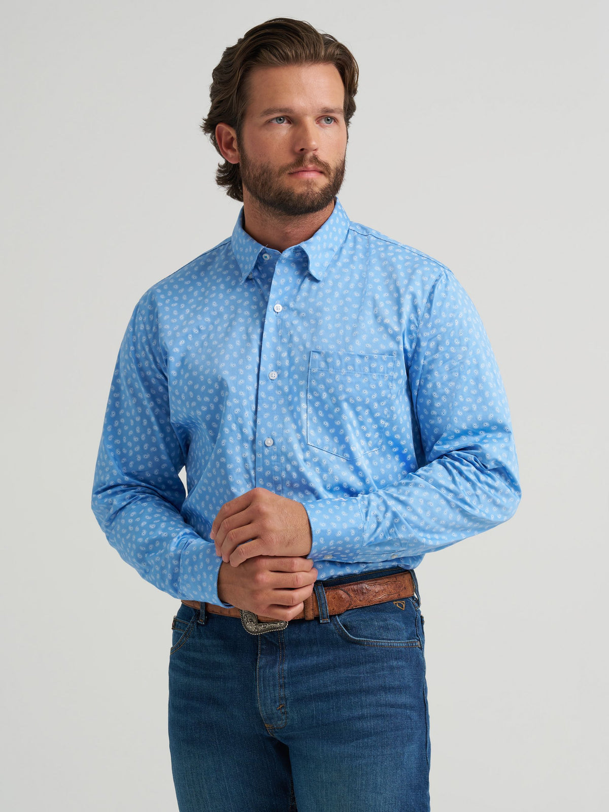 Wrangler Cody Johnson One Pocket Button Down Shirt in Blue Paisley