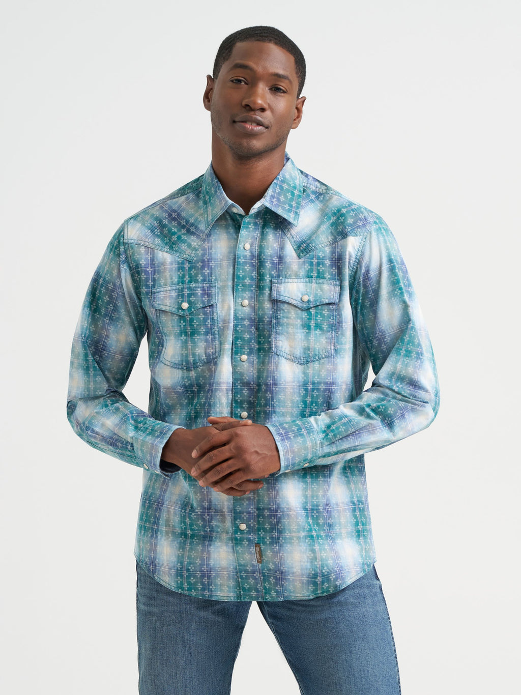 Wrangler Retro Premium Plaid Snap Western Shirt in Pebbled Blue