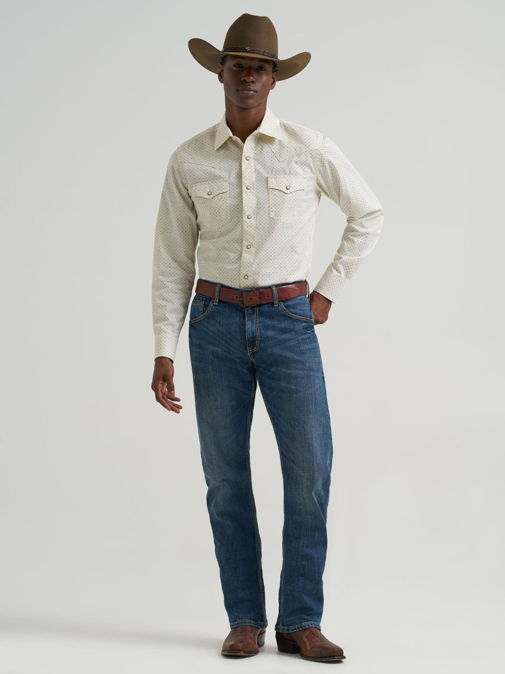 Wrangler Retro Premium Printed Snap Western Shirt in Ecru Drops