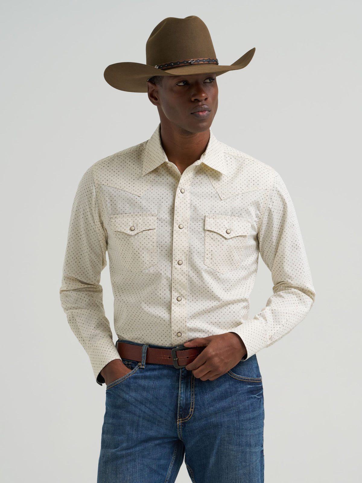 Wrangler Retro Premium Printed Snap Western Shirt in Ecru Drops