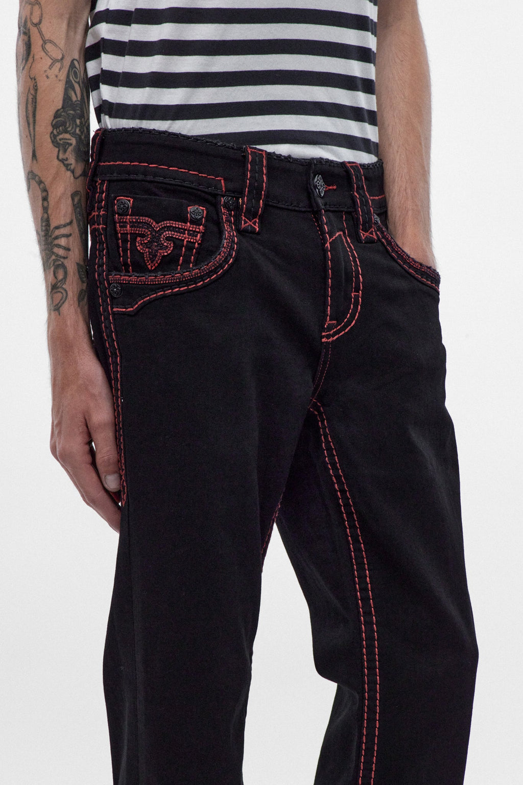 Rock Revival Arther Bootcut Jeans – Black with Red Stitching