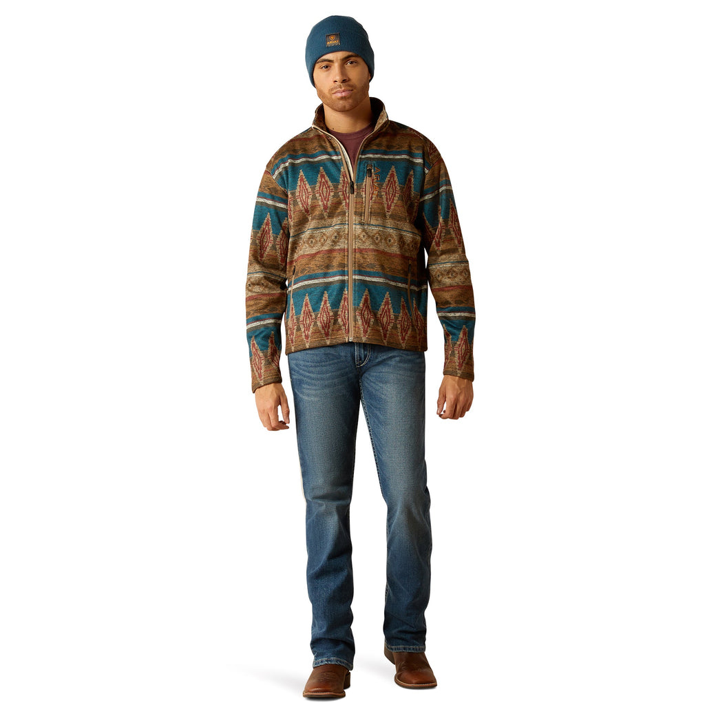 Ariat Caldwell Full Zip Sweater – Oxford Tan Southwest Print, on model