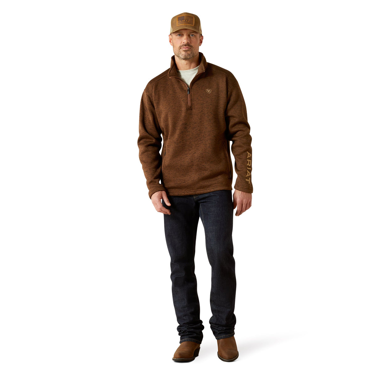 Ariat Caldwell Logo 1/4 Zip Sweater – Carafe, on model