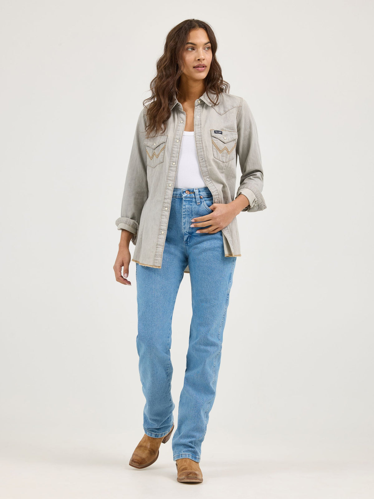 Wrangler Western Snap Work Denim Shirt in Grey Denim