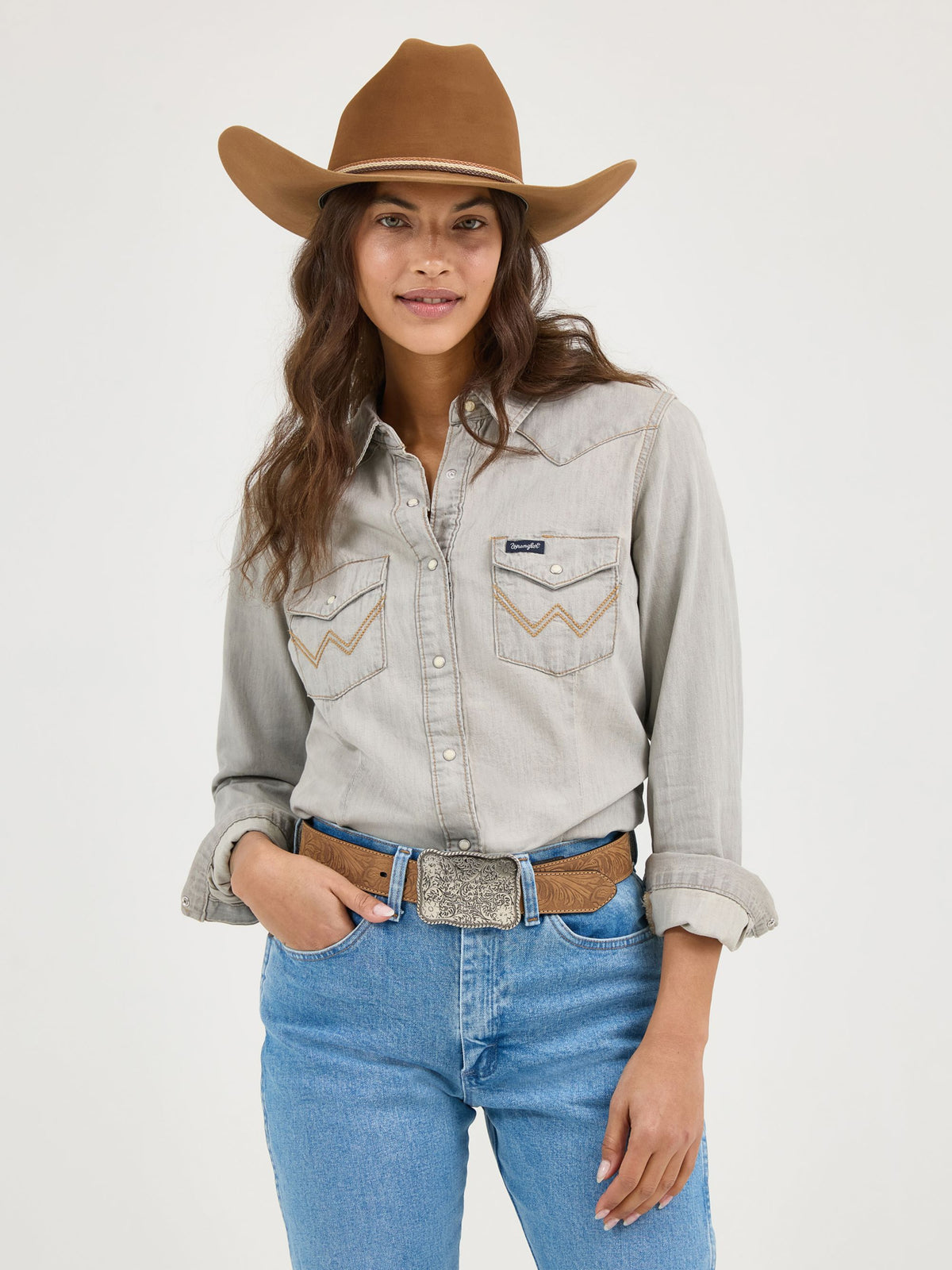 Wrangler Western Snap Work Denim Shirt in Grey Denim