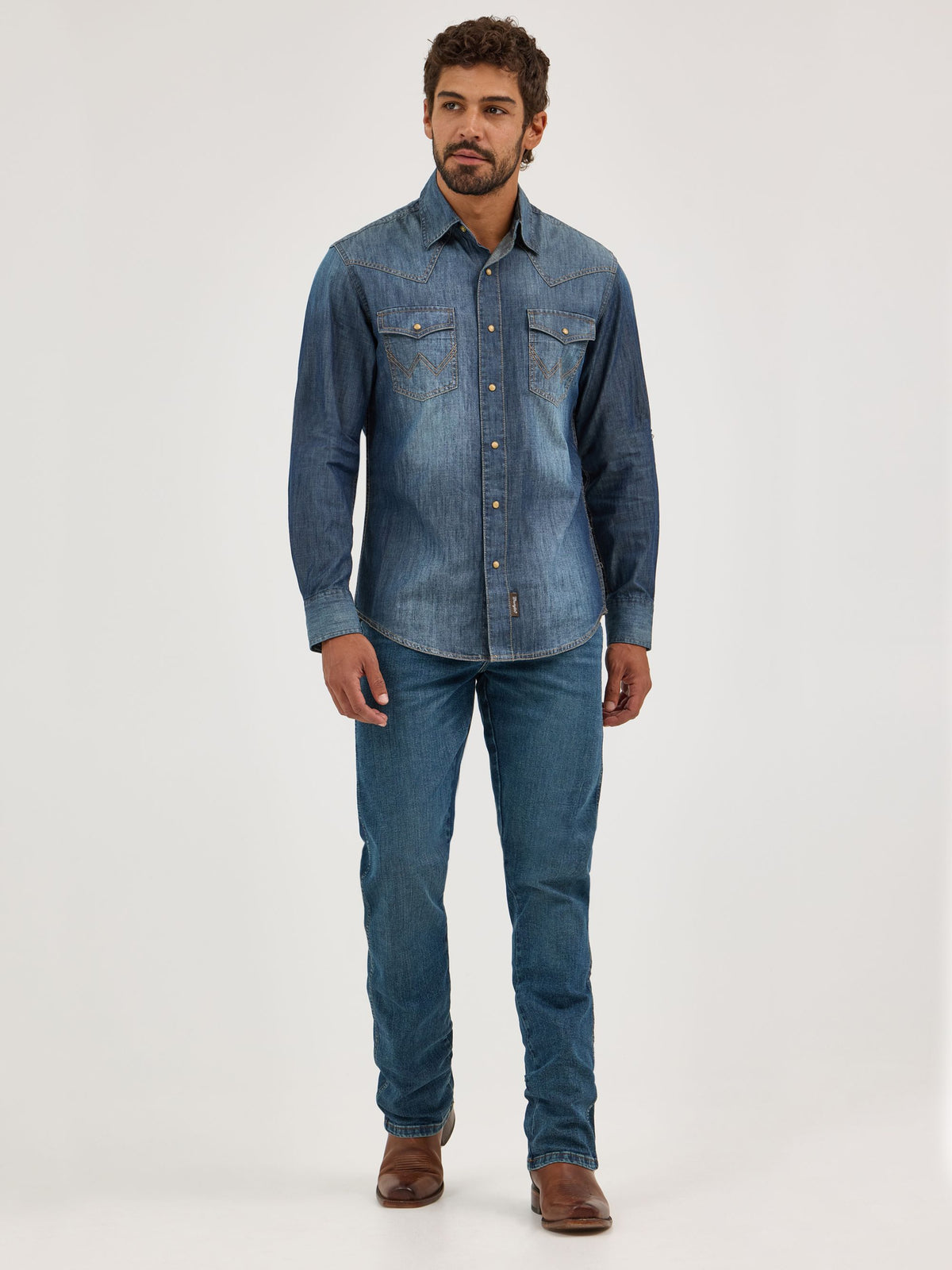 Wrangler Retro Premium Denim Snap Western Shirt in Blue Denim