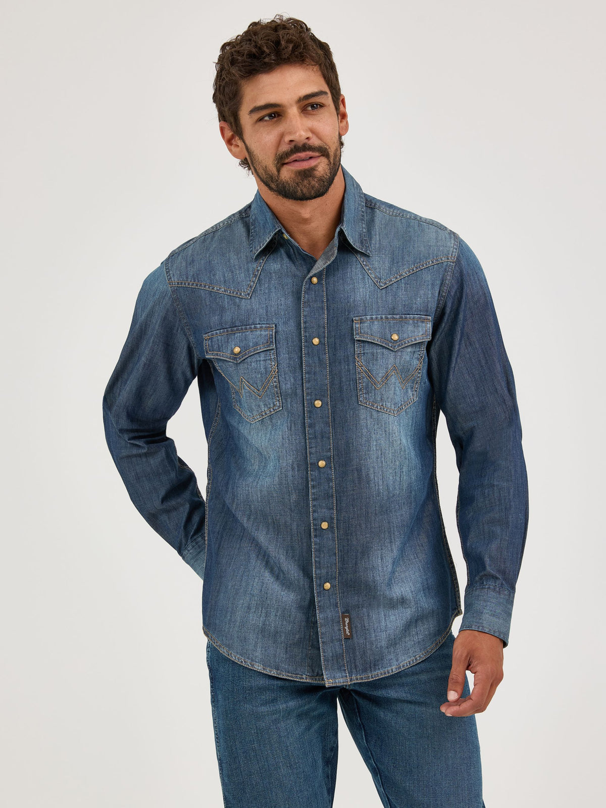 Wrangler Retro Premium Denim Snap Western Shirt in Blue Denim