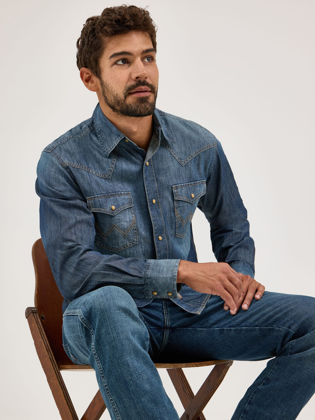 Wrangler Retro Premium Denim Snap Western Shirt in Blue Denim