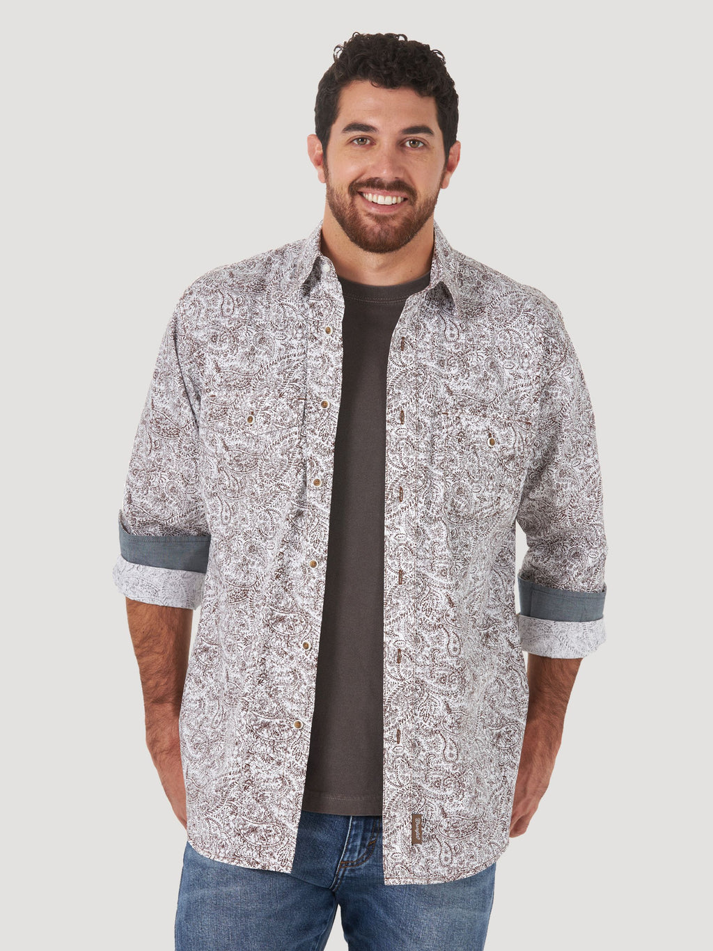 Wrangler Retro Button Down Print Shirt in Brown Paisley